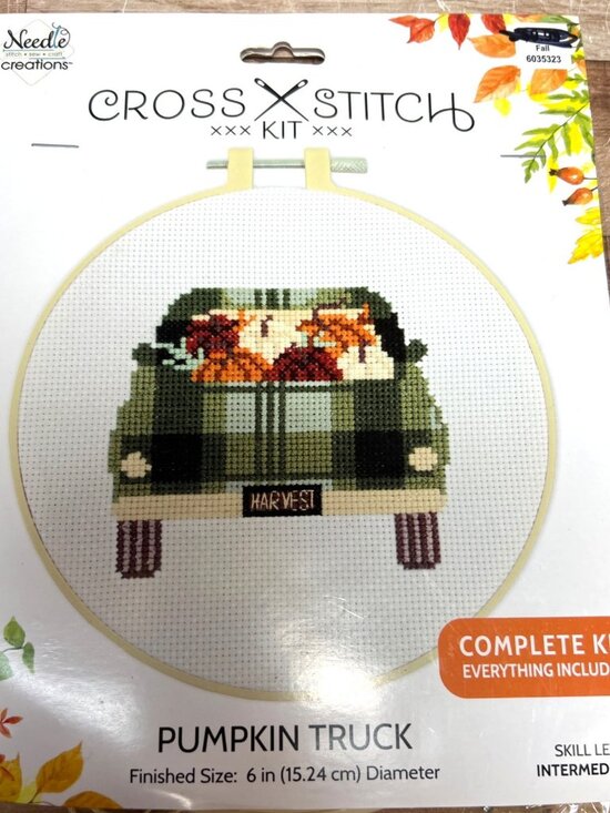 Needle Creations Pumpkin Truck Cross Stitch Kit  6 Inch Diameter - Picture 1 of 2